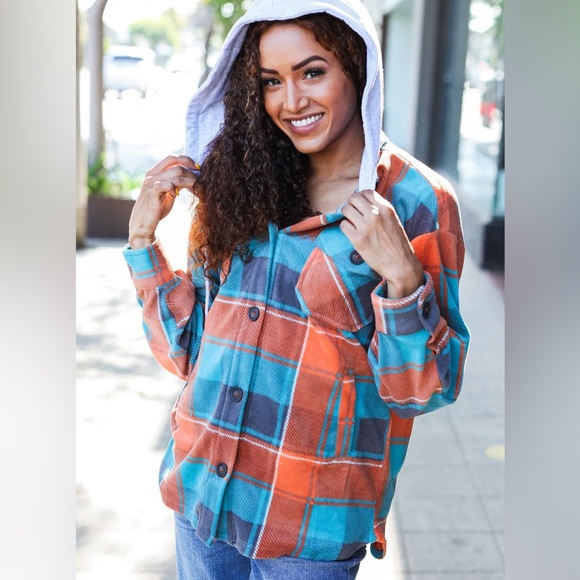 Teal Blue, & Orange Plaid Button Down Hooded Flannel, Medium Shacket, USA Made - Picture 12 of 14